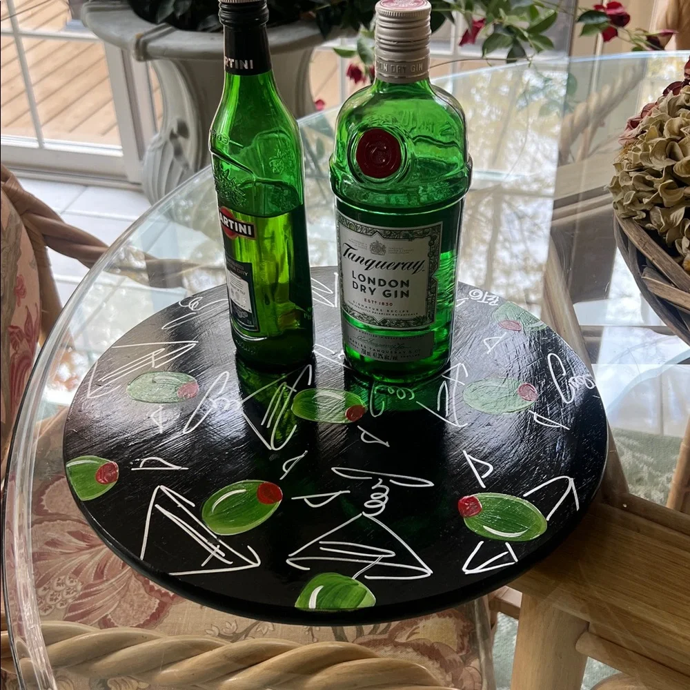 ROTATING TRAY WOOD HAND PAINTED MARTINI MOTIF  14” ROUND LAZY SUSAN